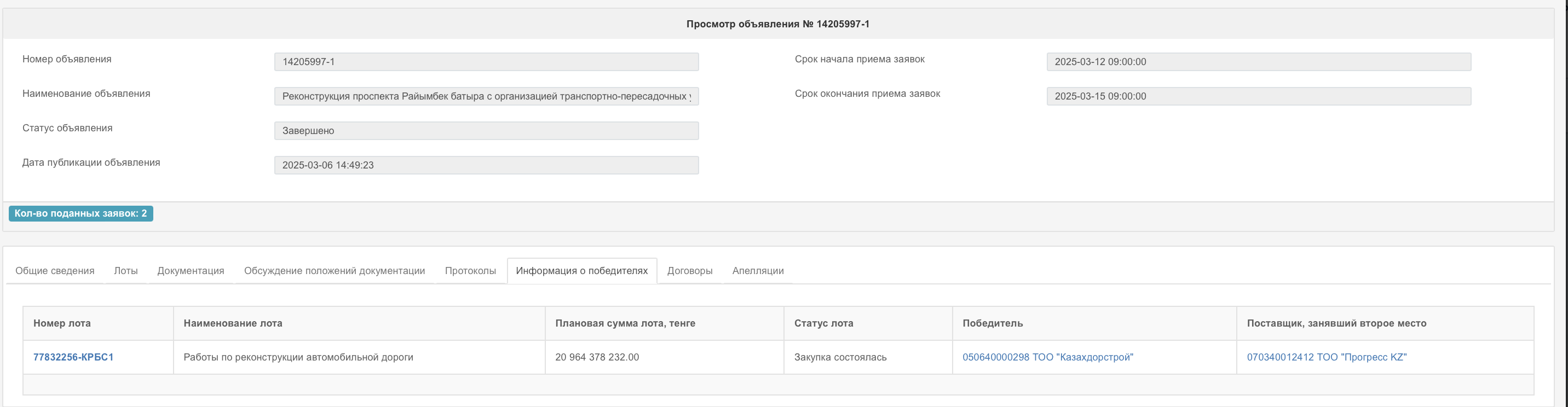 СкÑинÑоÑ: https://goszakup.gov.kz/ru/announce/index/14205997?tab=winners